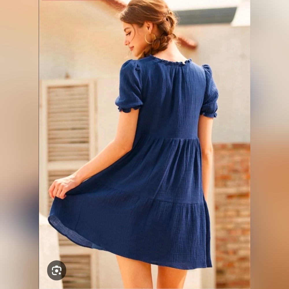 SHEIN Navy Puff Sleeve Tiered Mini Dress